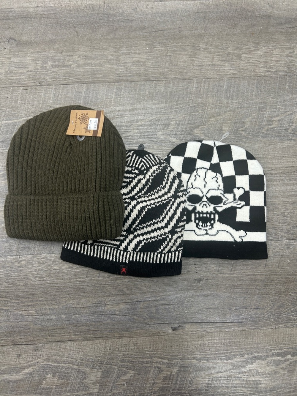 3  Knit Beanie Hat - Olive, Black & White - Multi-Pack